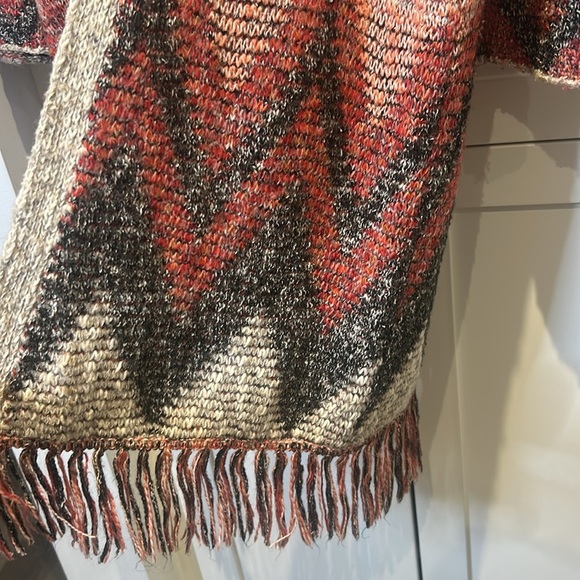 Lucky Brand Aztec Print Southwestern print Long Open Fringe Cardigan Size M - Picture 10 of 13